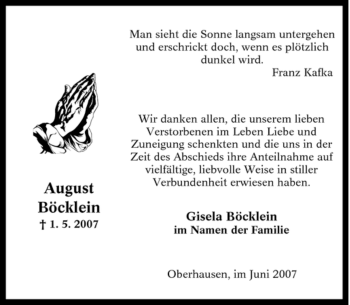 Traueranzeige von August Böcklein von Tageszeitung