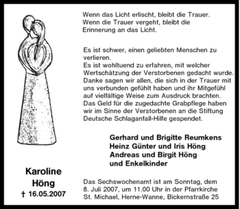 Traueranzeige von Karoline Höng von Tageszeitung