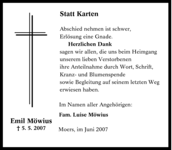 Traueranzeige von Emil Möwius von Tageszeitung