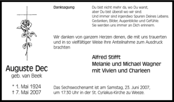Traueranzeige von Auguste Dec von Tageszeitung
