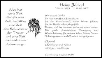 Traueranzeige von Heinz Jäckel von Tageszeitung