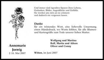 Traueranzeige von Annemarie Joswig von Tageszeitung