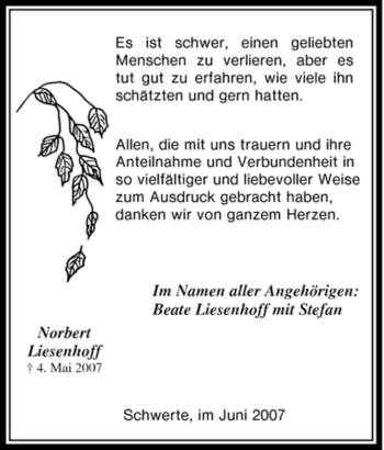Traueranzeige von Norbert Liesenhoff von Tageszeitung