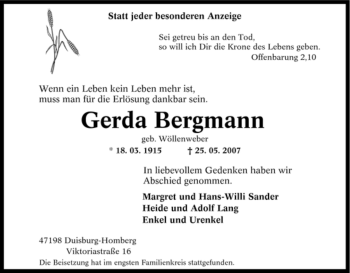 Traueranzeige von Gerda Bergmann von Tageszeitung