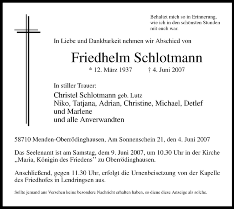  Traueranzeige für Friedhelm Schlotmann vom 06.06.2007 aus Tageszeitung