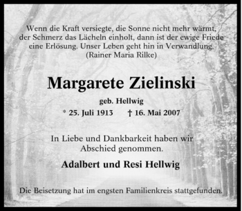 Traueranzeige von Margarete Zielinski von Tageszeitung