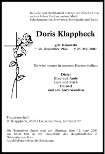 Traueranzeige von Doris Klappheck von Tageszeitung