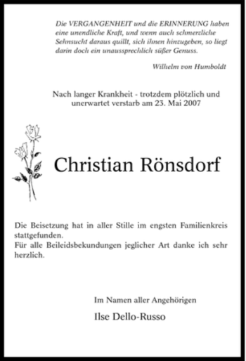 Traueranzeige von Christian Rönsdorf von Tageszeitung