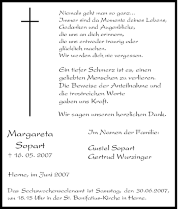 Traueranzeige von Margareta Sopart von Tageszeitung