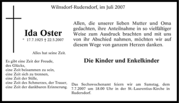 Traueranzeige von Ida Oster von Tageszeitung