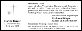 Traueranzeige von Martha Bürger von Tageszeitung