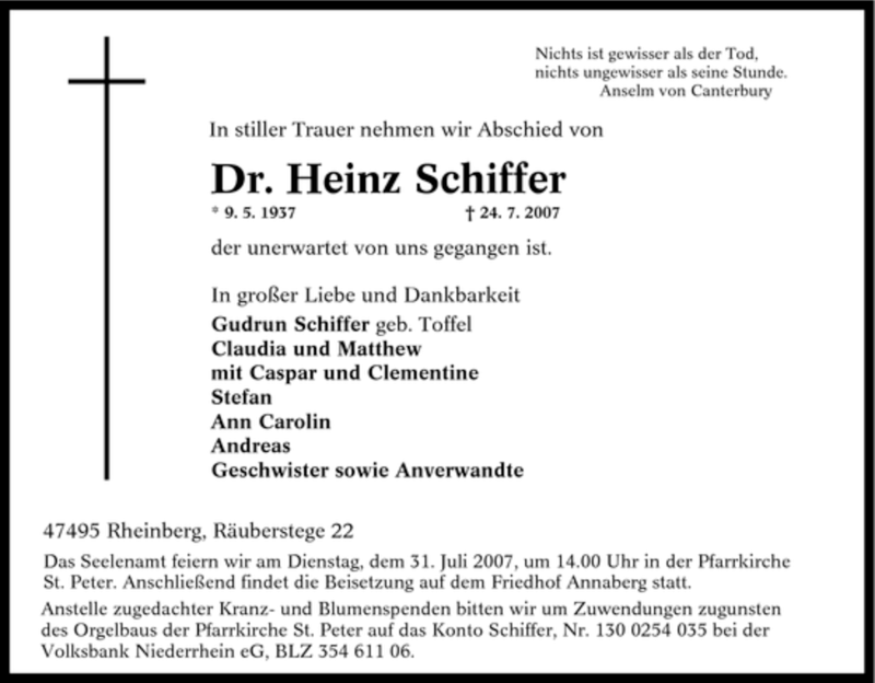  Traueranzeige für Heinz Schiffer vom 27.07.2007 aus Tageszeitung