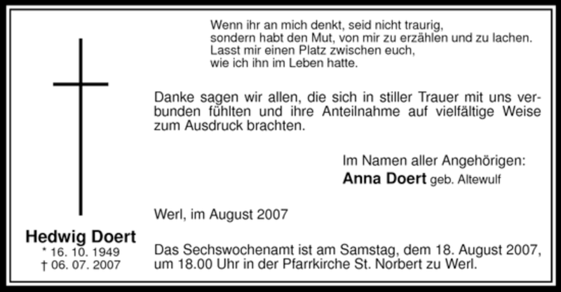  Traueranzeige für Hedwig Doert vom 14.08.2007 aus Tageszeitung