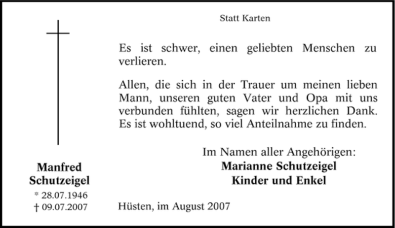  Traueranzeige für Manfred Schutzeigel vom 18.08.2007 aus Tageszeitung