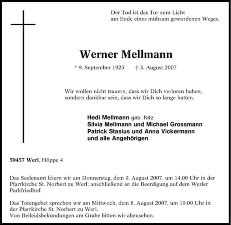  Traueranzeige für Werner Mellmann vom 06.08.2007 aus Tageszeitung