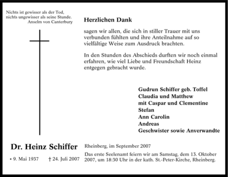  Traueranzeige für Heinz Schiffer vom 08.09.2007 aus Tageszeitung