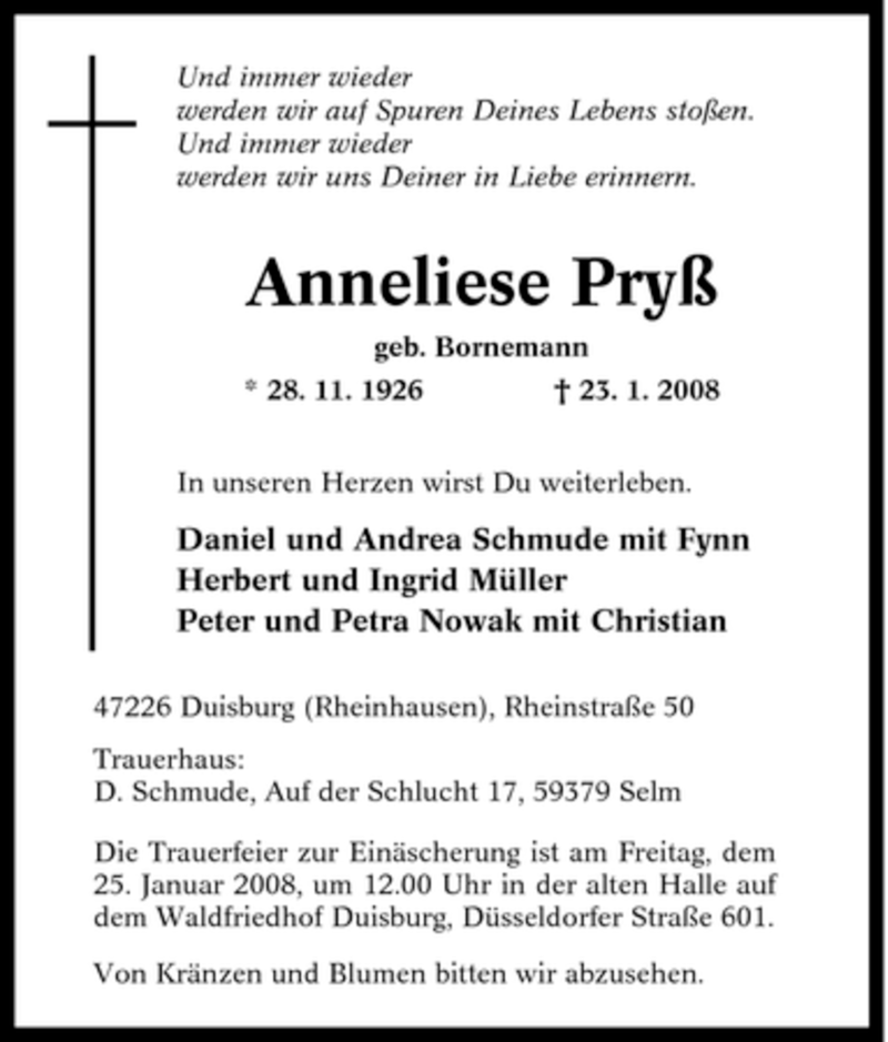  Traueranzeige für Anneliese Pryß vom 24.01.2008 aus Tageszeitung