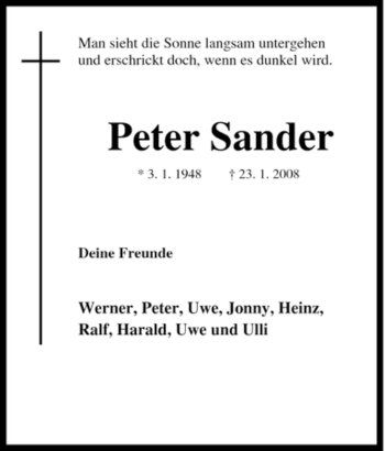 Traueranzeige von Peter Sander von Tageszeitung