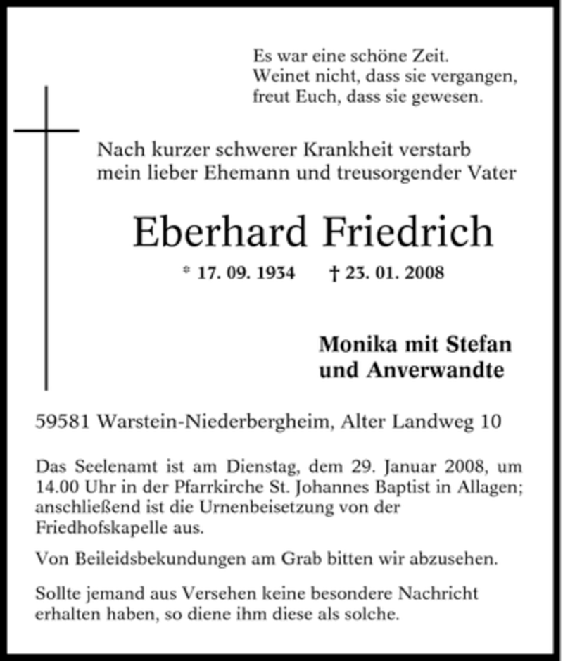  Traueranzeige für Eberhard Friedrich vom 25.01.2008 aus Tageszeitung