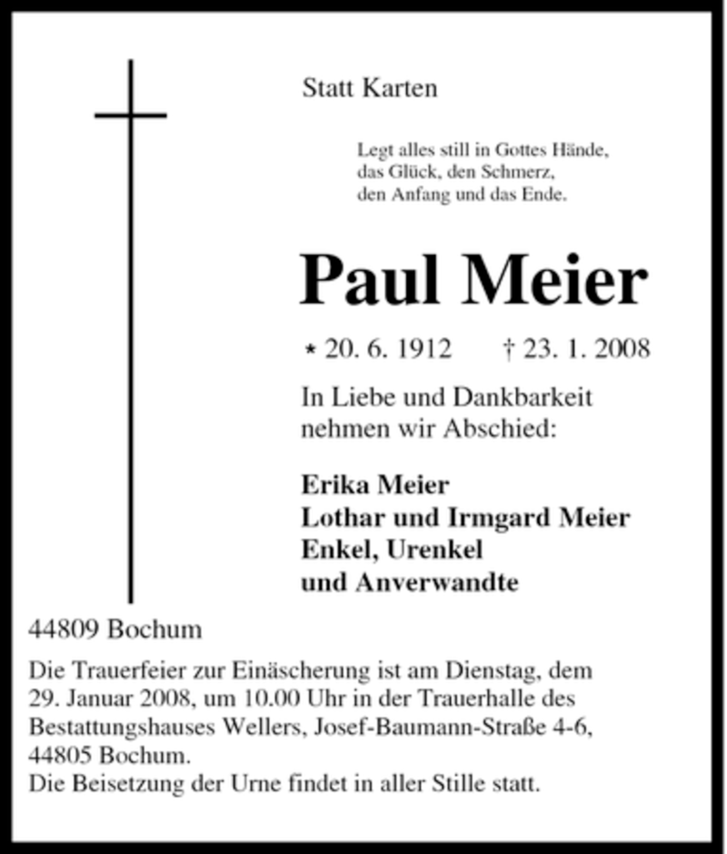  Traueranzeige für Paul Meier vom 25.01.2008 aus Tageszeitung