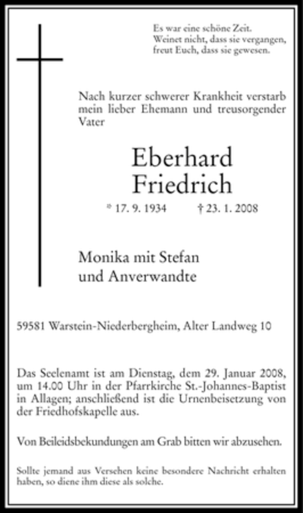  Traueranzeige für Eberhard Friedrich vom 25.01.2008 aus Tageszeitung