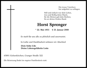 Traueranzeige von Horst Sprenger von Tageszeitung