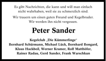Traueranzeige von Peter Sander von Tageszeitung