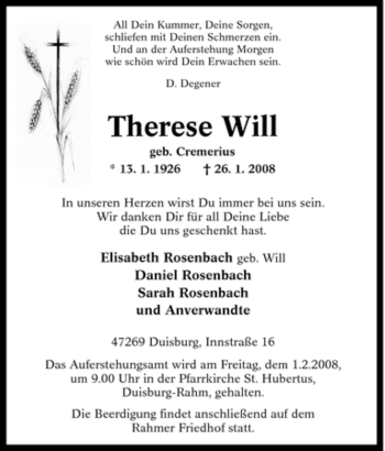 Traueranzeige von Therese Will von Tageszeitung