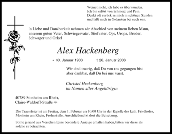 Traueranzeige von Alex Hackenberg von Tageszeitung