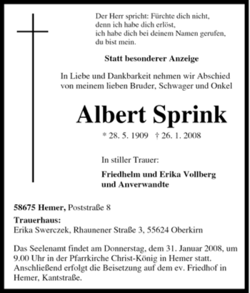 Traueranzeige von Albert Sprink von Tageszeitung