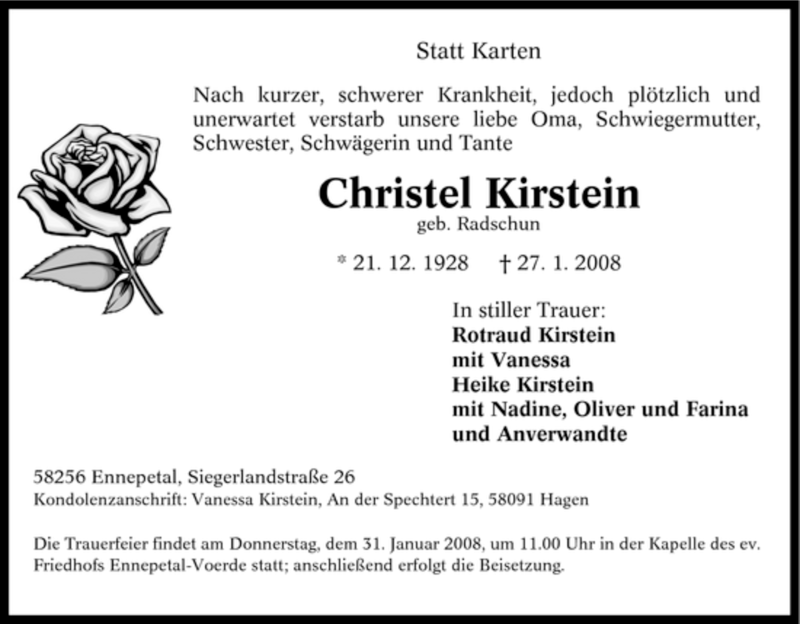  Traueranzeige für Christel Kirstein vom 29.01.2008 aus Tageszeitung