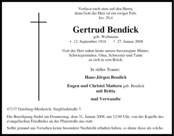 Traueranzeige von Gertrud Bendick von Tageszeitung