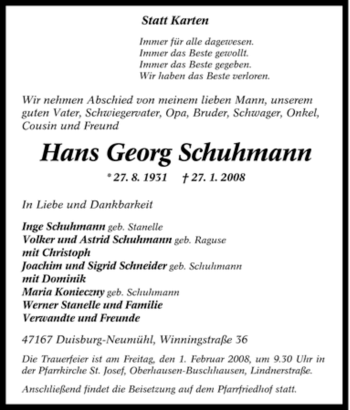 Traueranzeige von Hans Georg Schuhmann von Tageszeitung