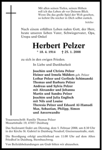 Traueranzeige von Herbert Pelzer von Tageszeitung