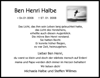 Traueranzeige von Ben Henri Halbe von Tageszeitung