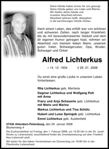 Traueranzeige von Alfred Lichterkus von Tageszeitung
