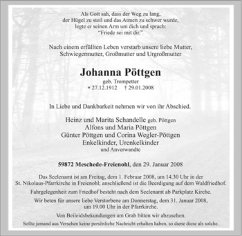 Traueranzeige von Johanna Pöttgen von Tageszeitung