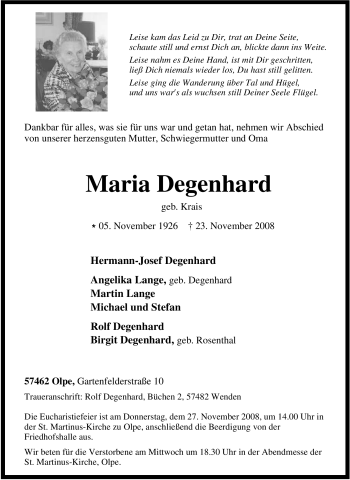 Traueranzeige von Maria Degenhard von Tageszeitung