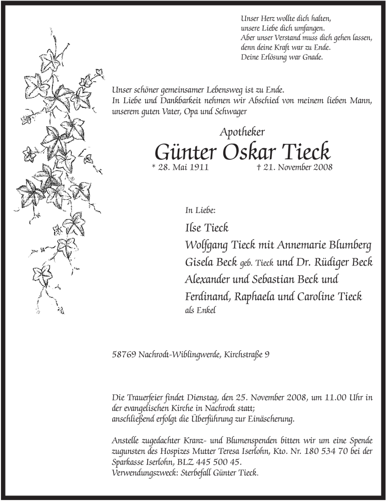  Traueranzeige für Günter Oskar Tieck vom 22.11.2008 aus Tageszeitung