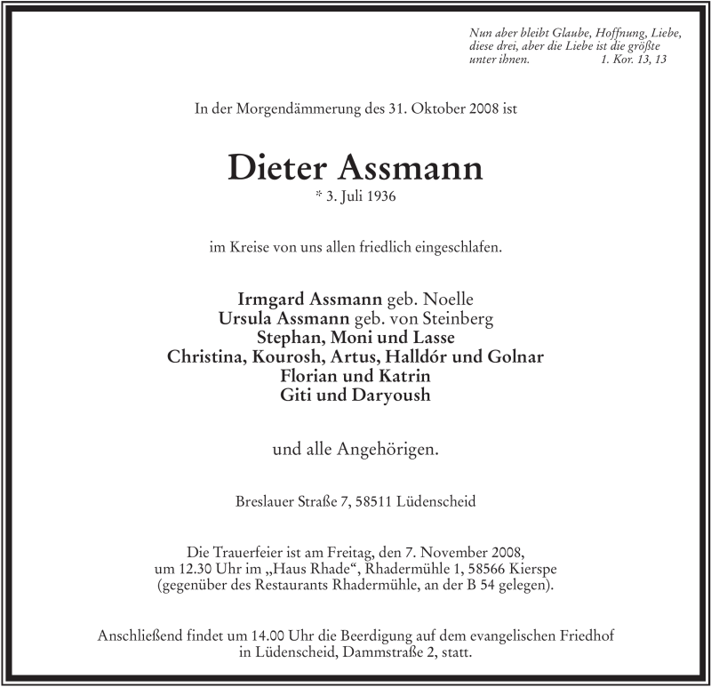  Traueranzeige für Dieter Assmann vom 03.11.2008 aus Tageszeitung