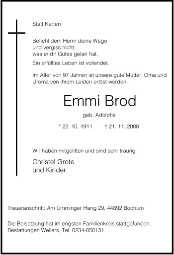 Traueranzeige von Emmi Brod von Tageszeitung