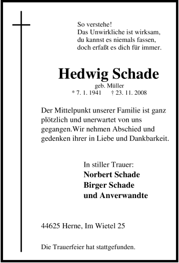 Traueranzeige von Hedwig Schade von Tageszeitung