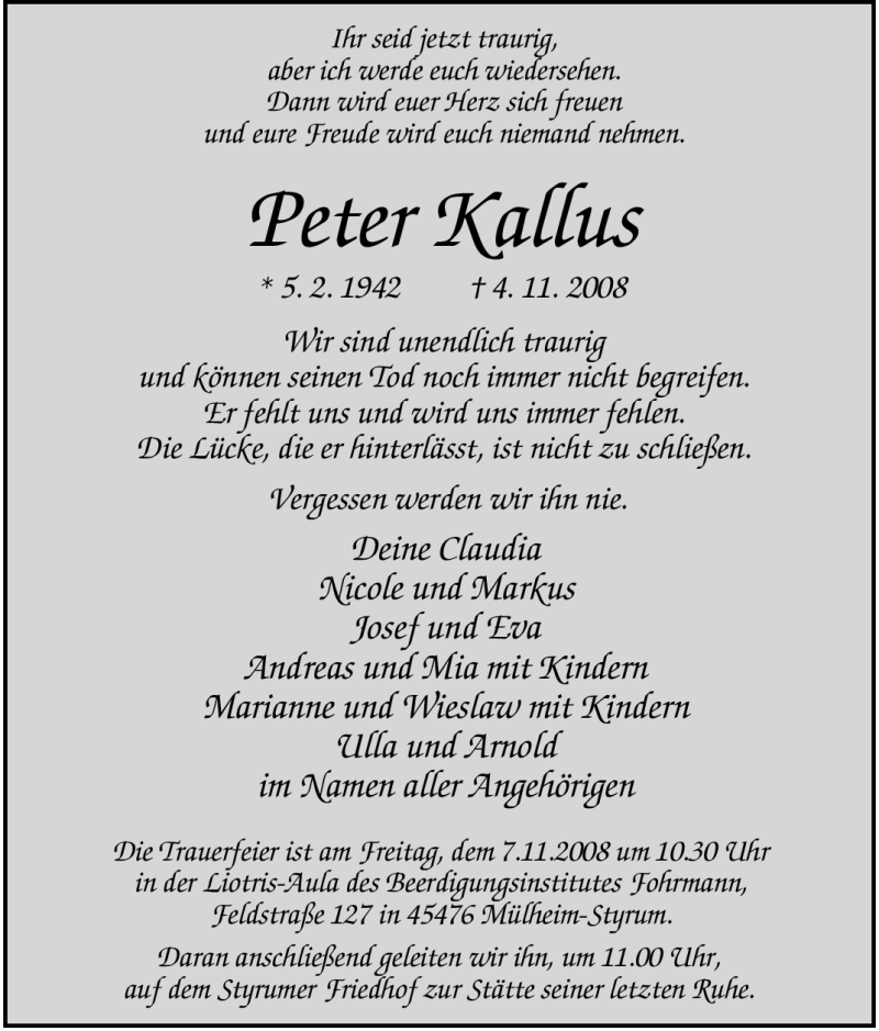  Traueranzeige für Peter Kallus vom 06.11.2008 aus Tageszeitung