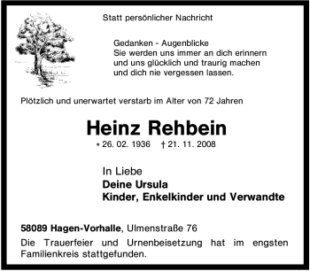 Traueranzeige von Heinz Rehbein von Tageszeitung