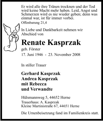 Traueranzeige von Renate Kasprzak von Tageszeitung