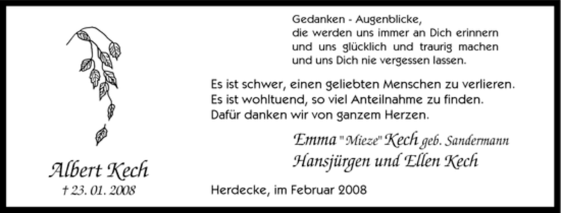  Traueranzeige für Albert Kech vom 08.02.2008 aus Tageszeitung