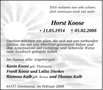 Traueranzeige von Horst Koose von Tageszeitung