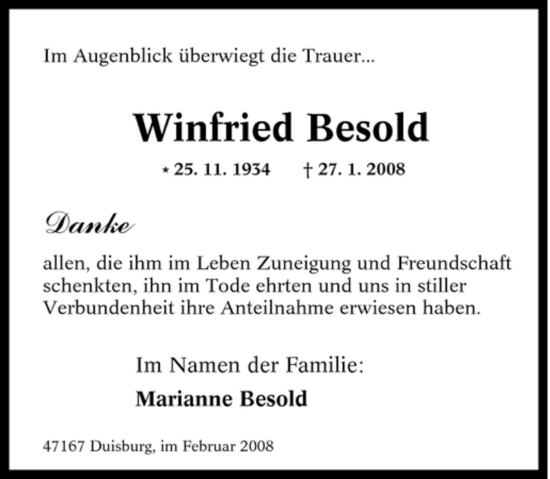  Traueranzeige für Winfried Besold vom 23.02.2008 aus Tageszeitung