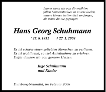 Traueranzeige von Hans Georg Schuhmann von Tageszeitung
