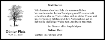 Traueranzeige von Günter Platz von Tageszeitung